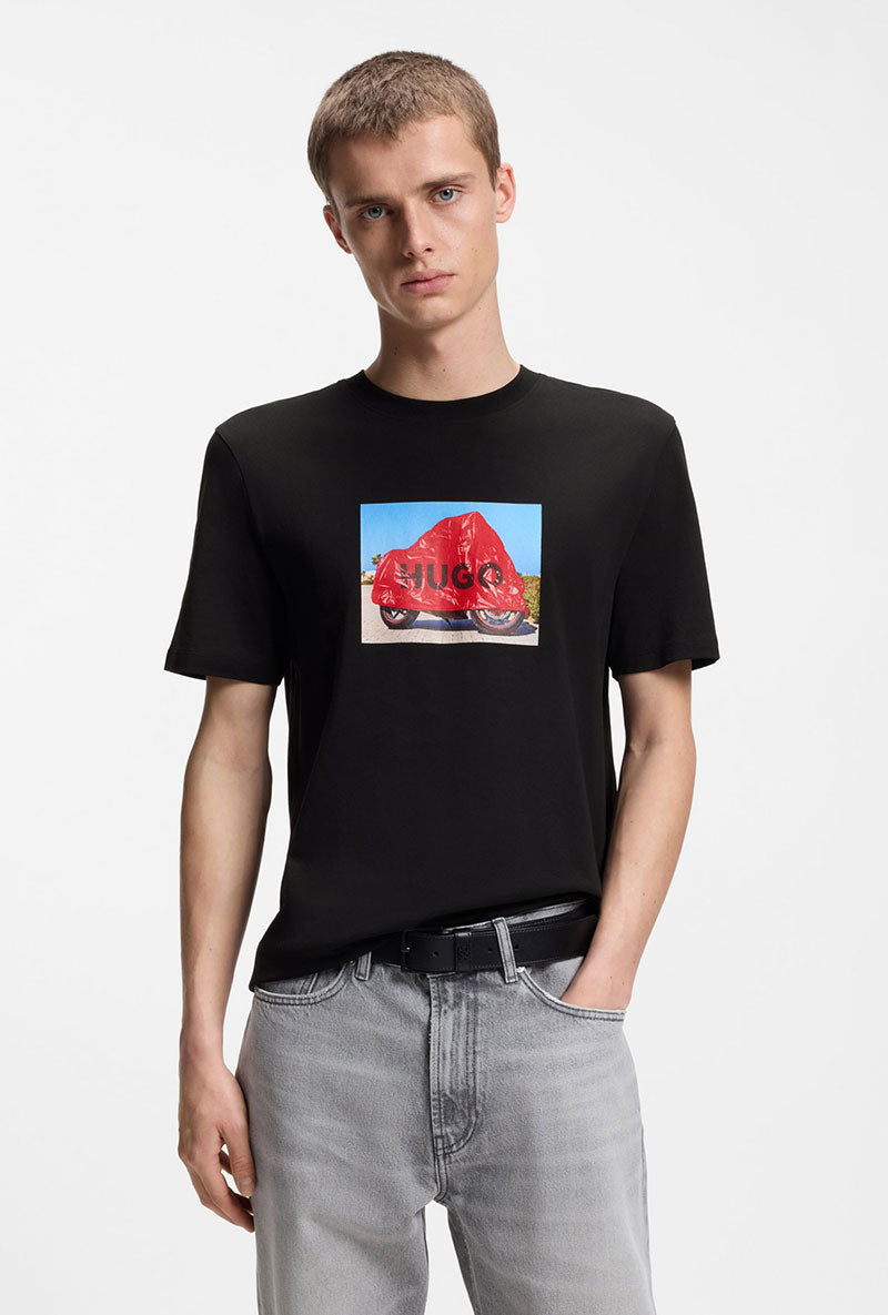 Front image of a model wearing Dostino t in black, by brand Hugo