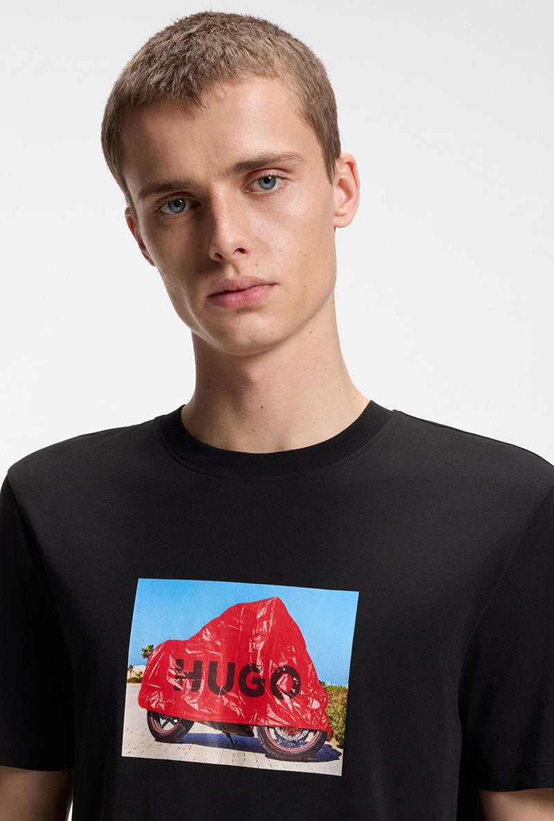 Front image of a model wearing Dostino t in black, by brand Hugo