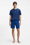 Front image of a model wearing the Laze t in blue, by brand Hugo