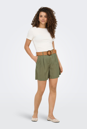 Front image of the Ibiza highwaist belt shorts in khaki, by brand Only