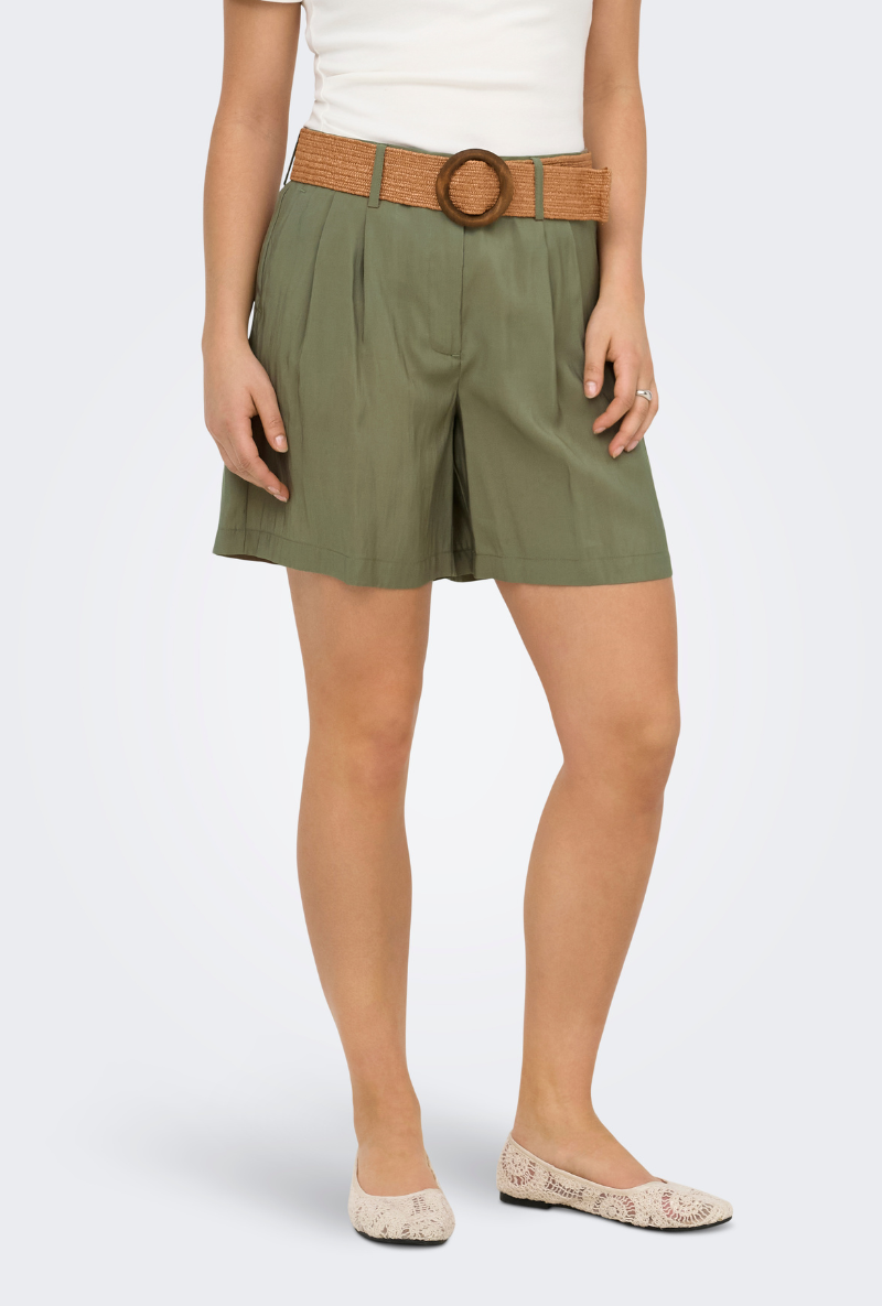 Front image of Ibiza highwaist belt shorts in khaki, by brand Only