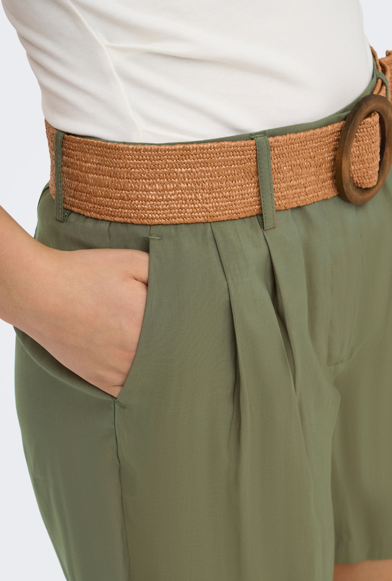 Front image of Ibiza highwaist belt shorts in khaki, by brand Only