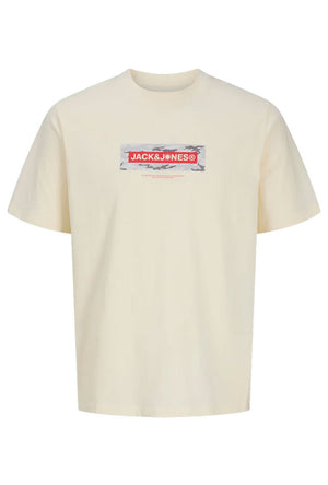 Front image of the Breeze branded ss tee in cream, by brand Jack&jones