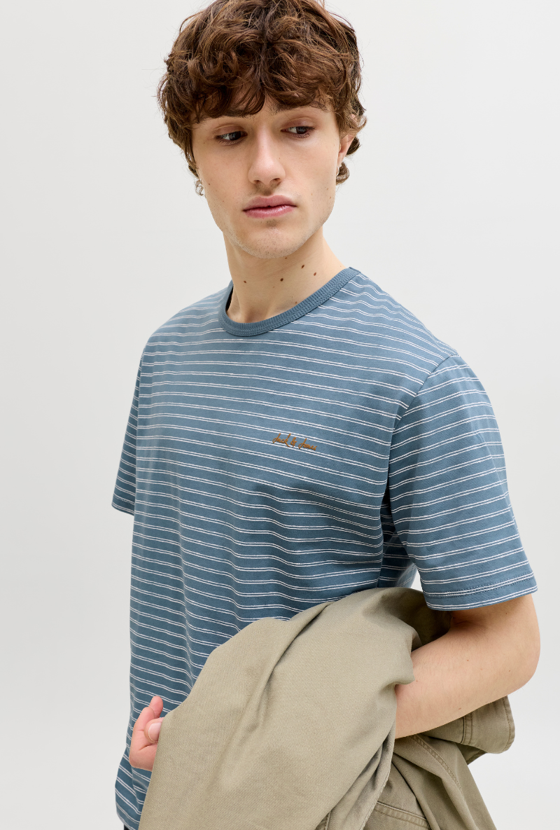 Front image of Daytona striped shortsleeve tee in blue, by brand Jack&jones