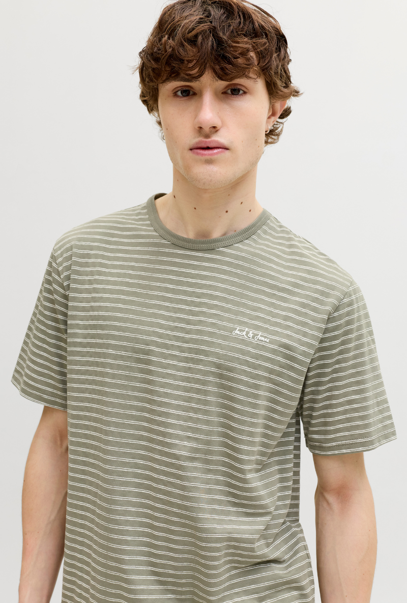 Front image of Daytona striped shortsleeve tee in khaki, by brand Jack&jones