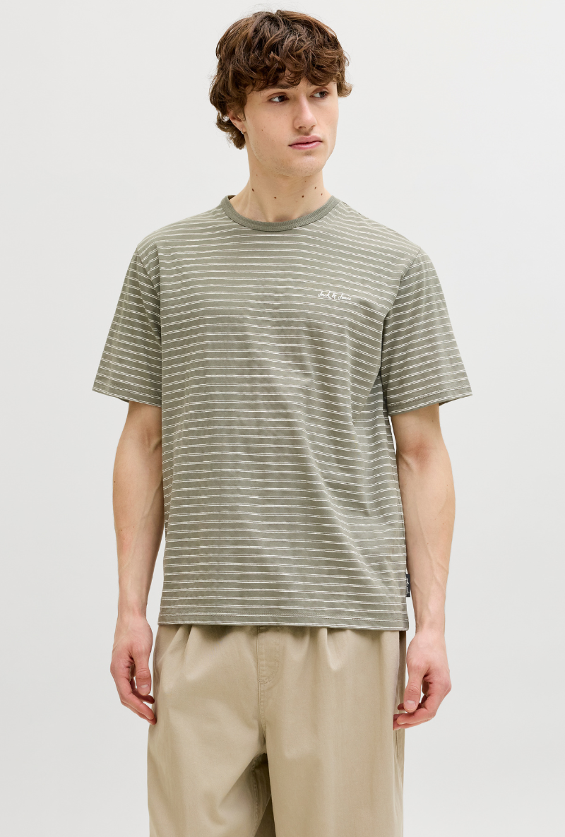 Front image of Daytona striped shortsleeve tee in khaki, by brand Jack&jones