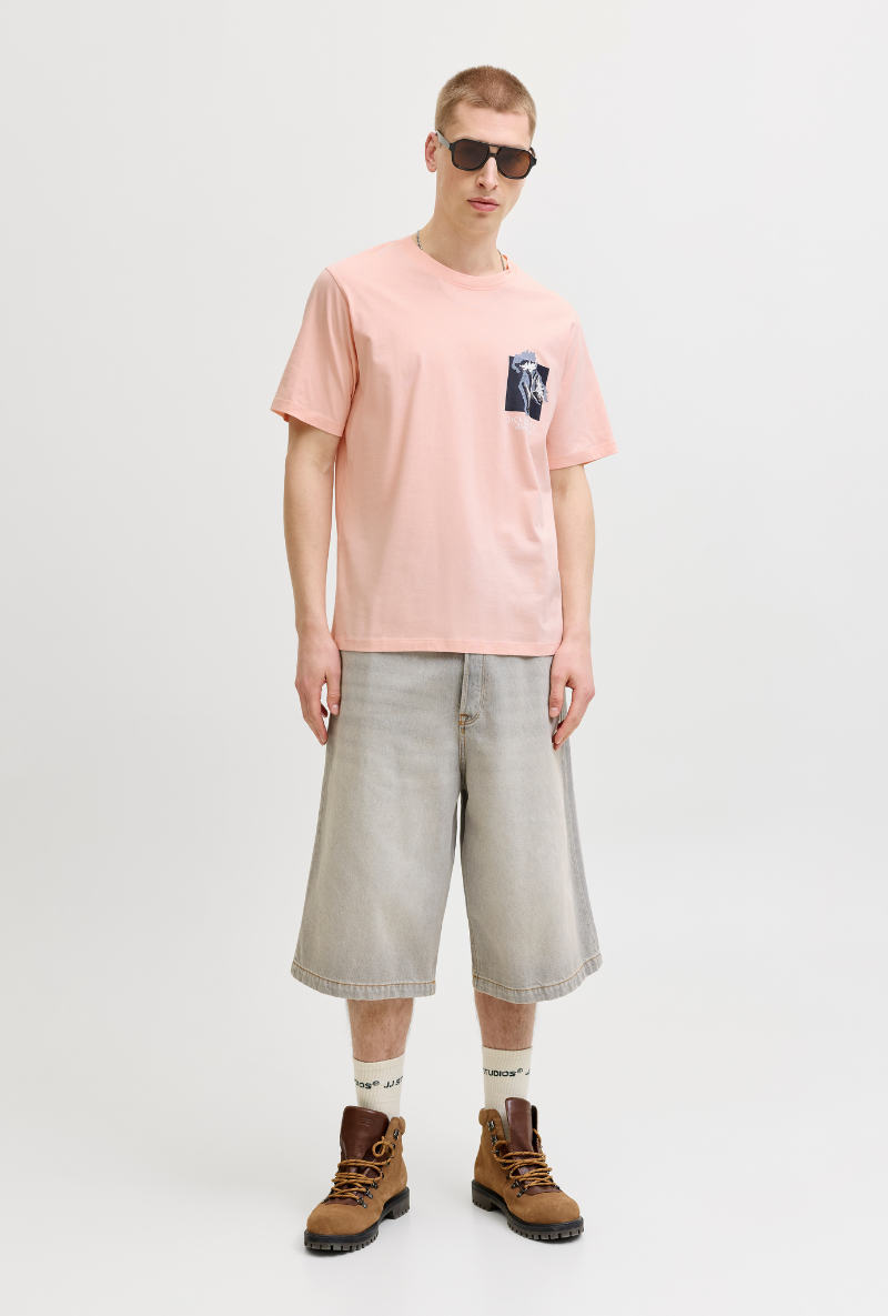 Front image of Montauk chestie shortsleeve tee in peach, by brand Jack&jones