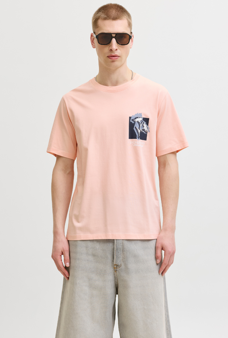 Front image of Montauk chestie shortsleeve tee in peach, by brand Jack&jones