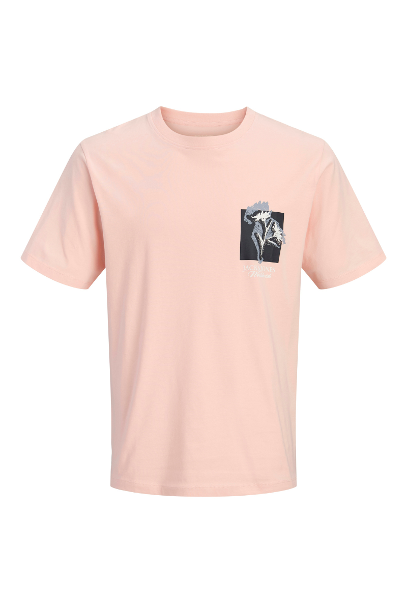 Front image of Montauk chestie shortsleeve tee in peach, by brand Jack&jones