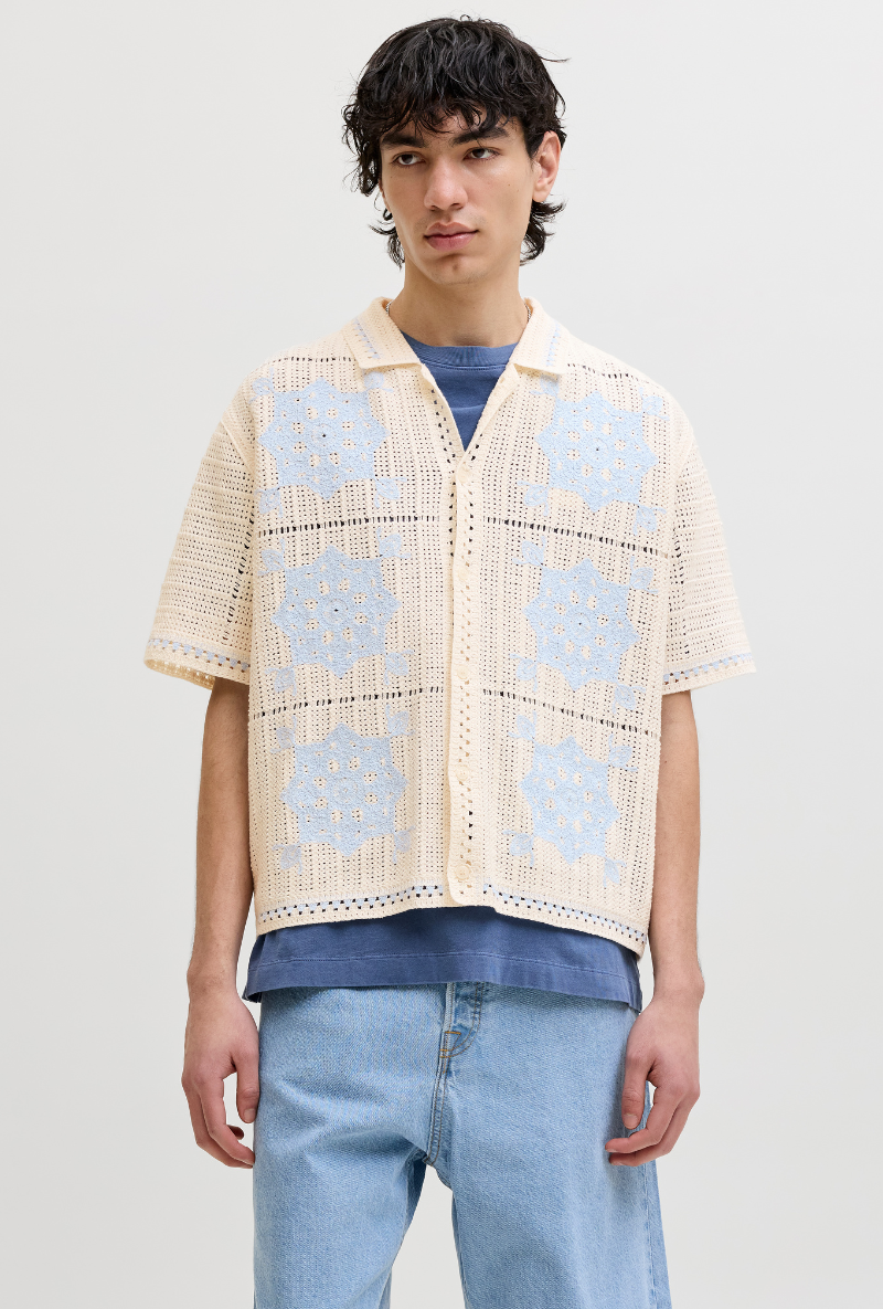 Front image of Orchard knit crochet polo in light blue, by brand Jack&jones