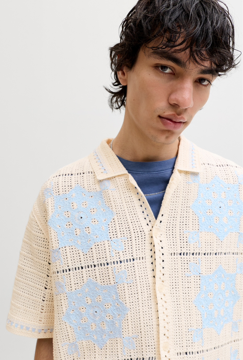 Front image of Orchard knit crochet polo in light blue, by brand Jack&jones