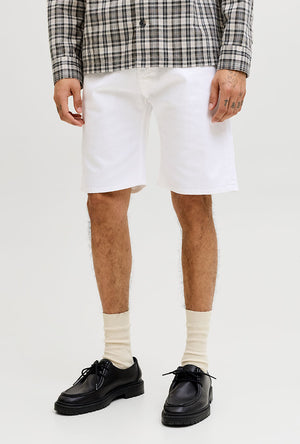 Front image of a model wearing the Rick original shorts in white, by brand Jack&jones