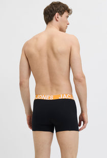 Back image of a model wearing the Jack and jones solid 3 pk trunks in black, by brand Jack&jones
