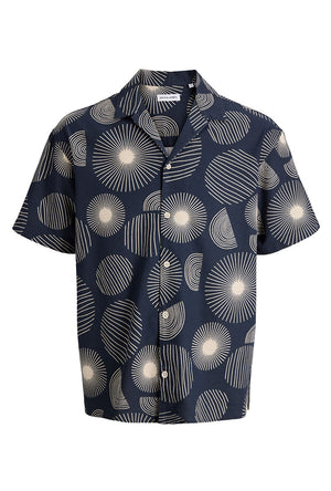 Front image of the Abstract print s/s resort shirt in navy, by brand Jack&jones