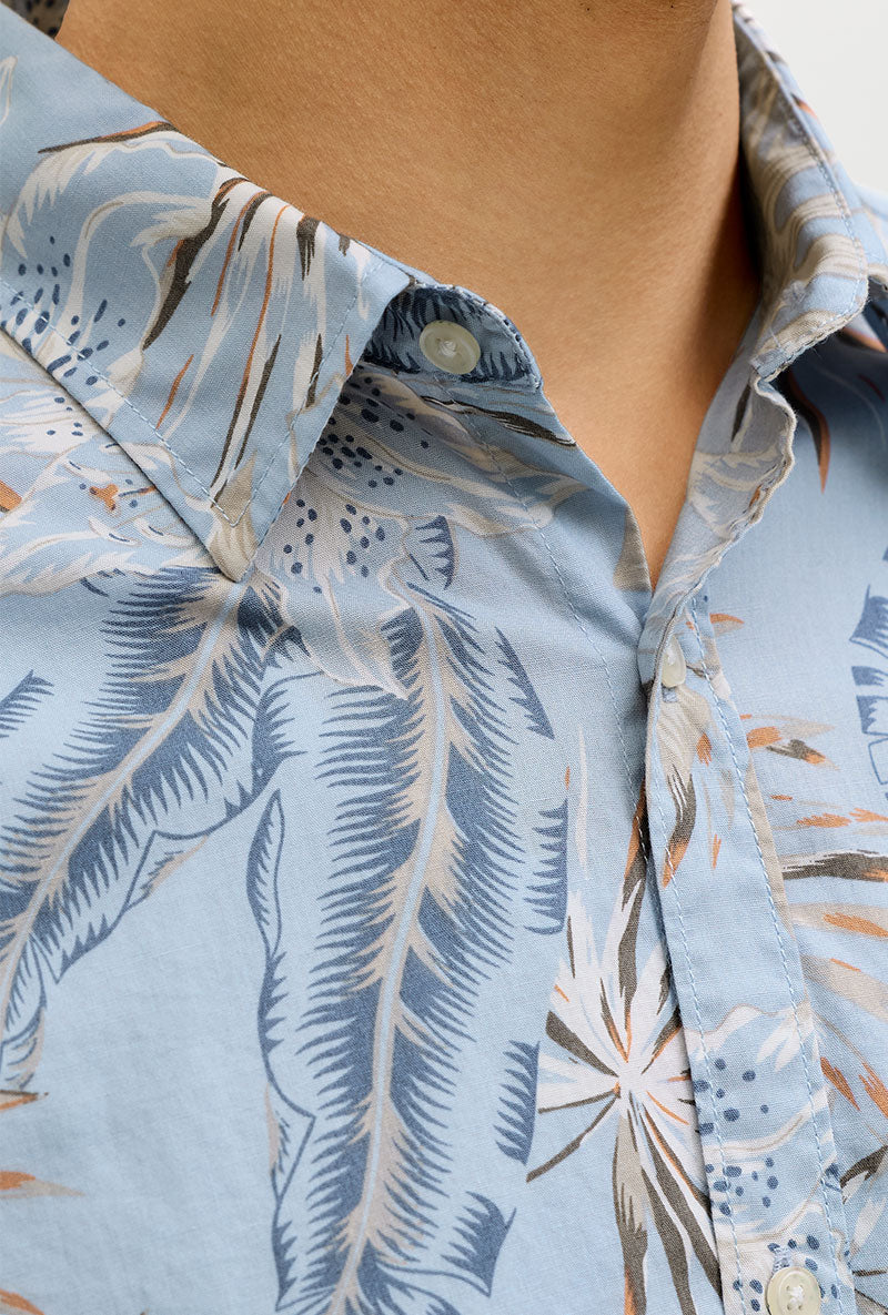 Front image of Honolulu aop ss shirt in blue, by brand Jack&jones