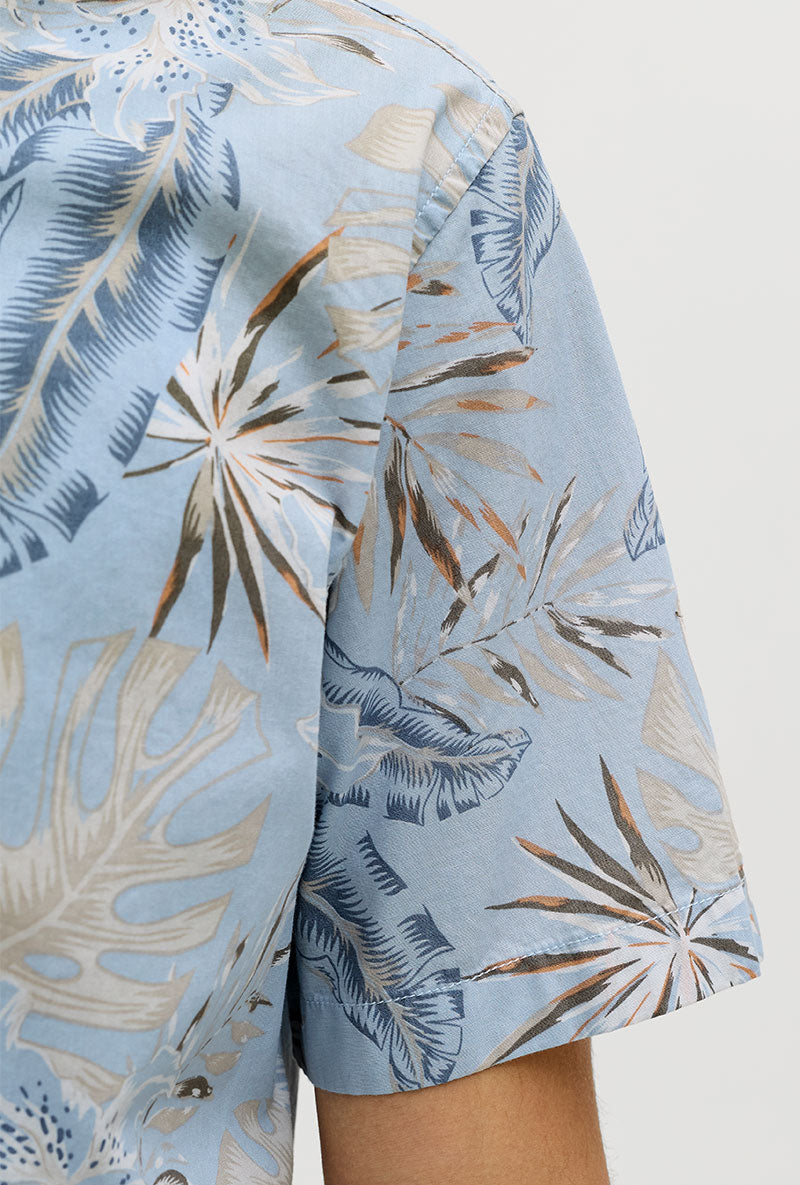 Front image of Honolulu aop ss shirt in blue, by brand Jack&jones