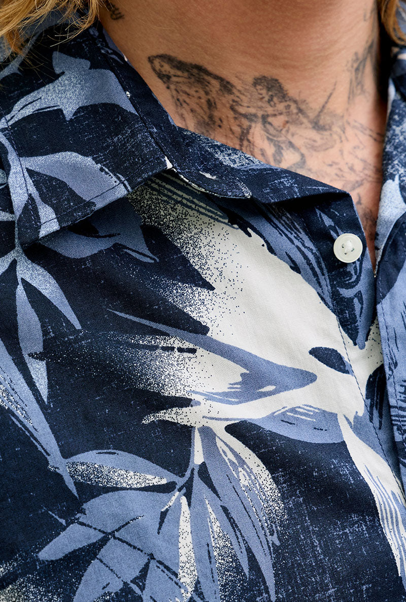 Front image of Honolulu aop ss shirt in navy, by brand Jack&jones