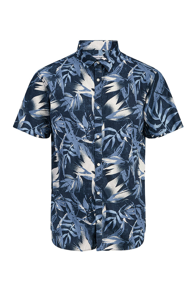 Front image of Honolulu aop ss shirt in navy, by brand Jack&jones