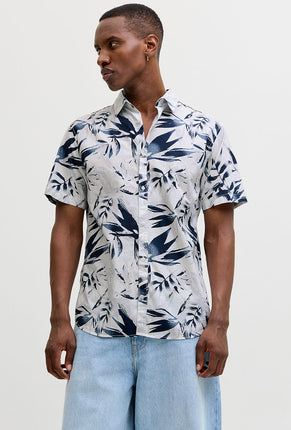 Front image of a model wearing Honolulu aop ss shirt in white, by brand Jack&jones