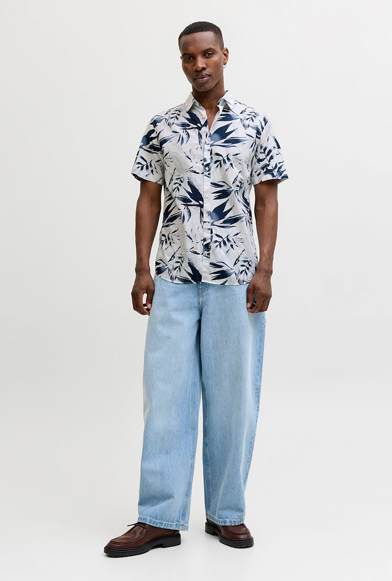 Front image of a model wearing Honolulu aop ss shirt in white, by brand Jack&jones