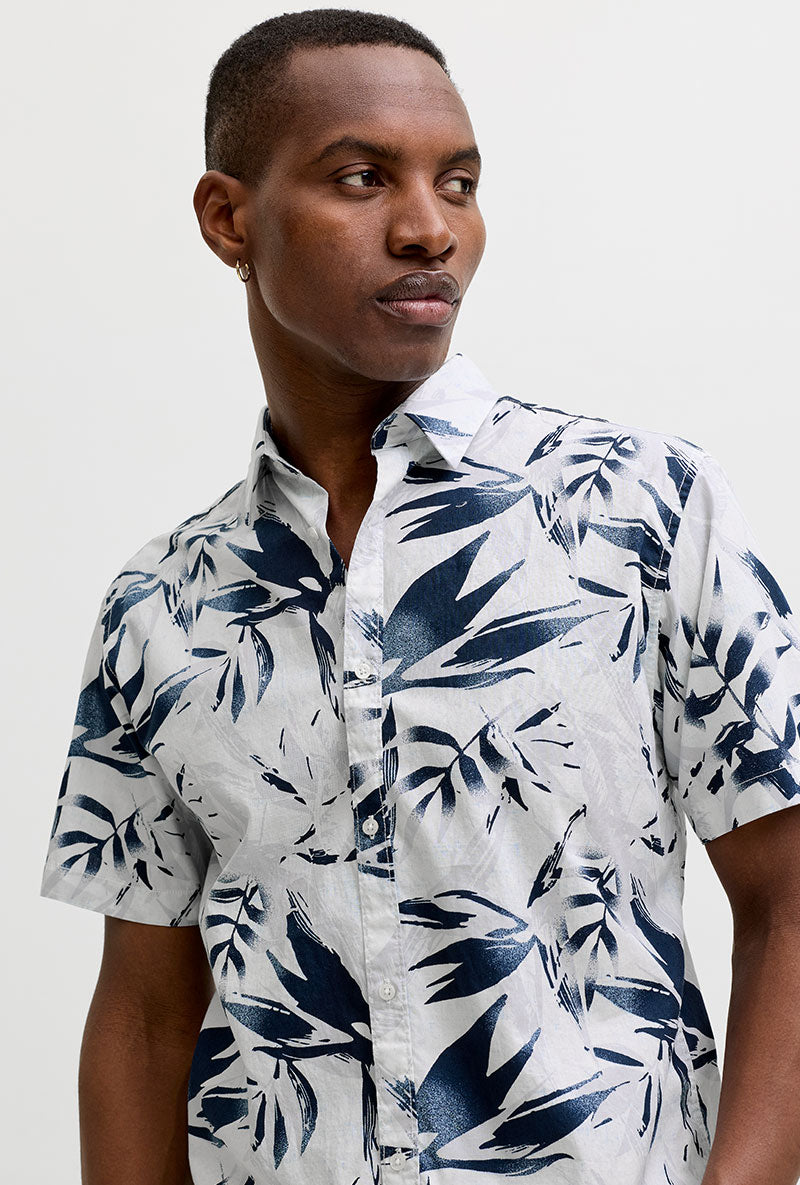 Front image of a model wearing Honolulu aop ss shirt in white, by brand Jack&jones