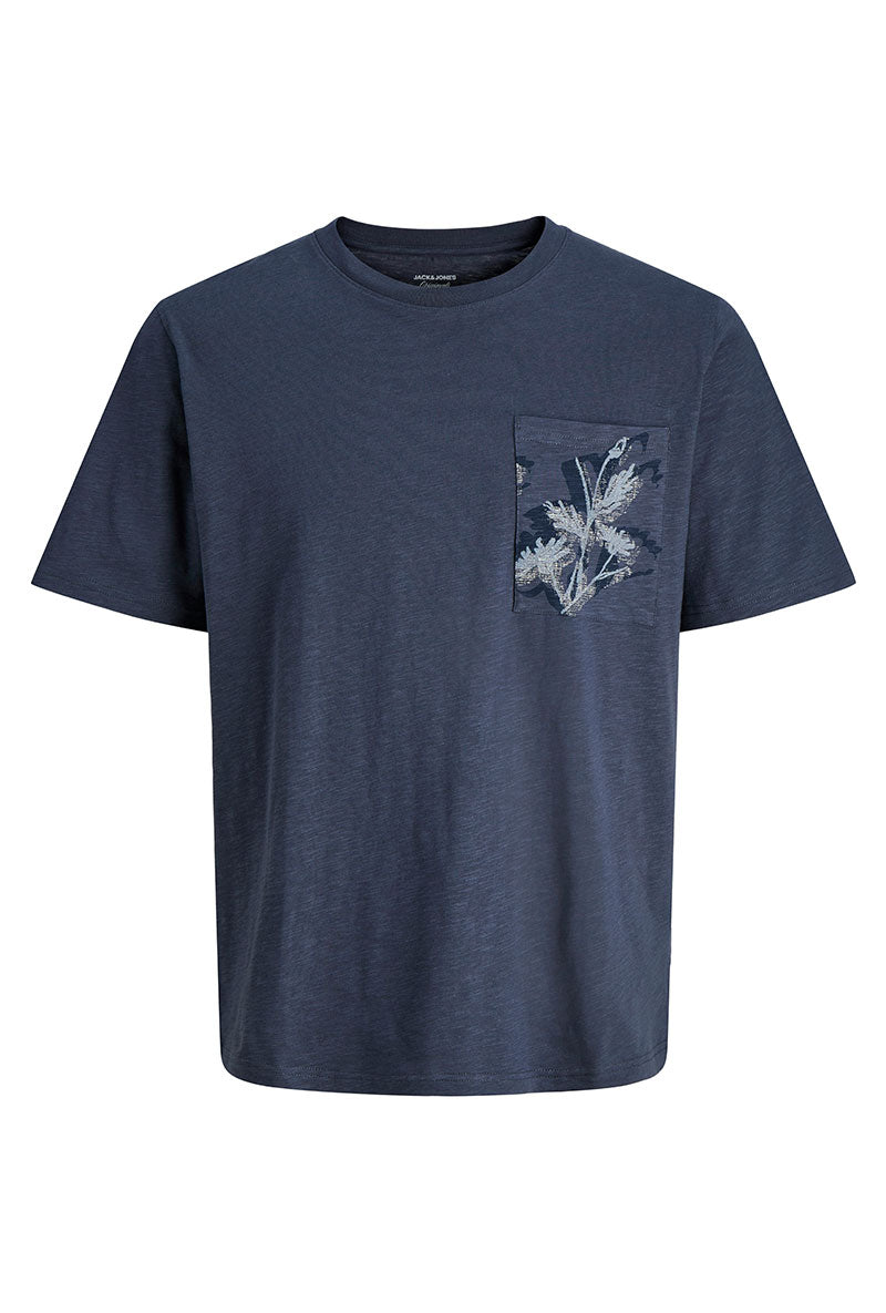 Front image of Montauk aop pocket tee in navy, by brand Jack&jones