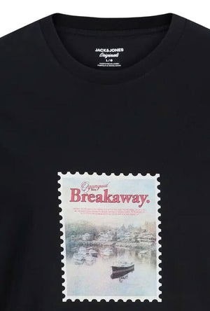 Front detail image of the Montauk photo ss tee in black, by brand Jack&jones