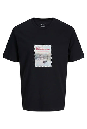 Front image of the Montauk photo ss tee in black, by brand Jack&jones