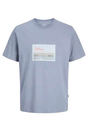 Front image of Montauk photo ss tee in blue, by brand Jack&jones
