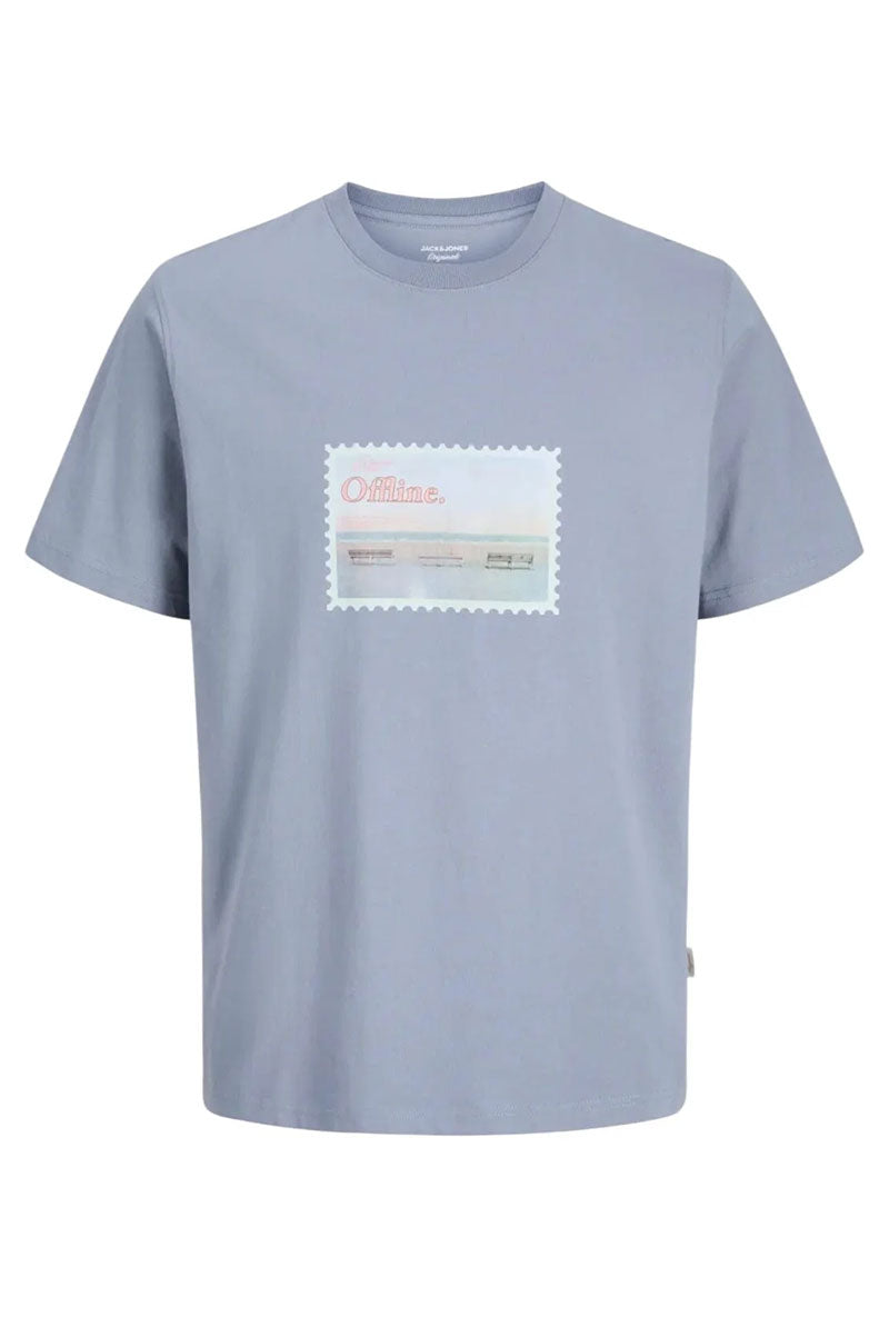 Front image of Montauk photo ss tee in blue, by brand Jack&jones