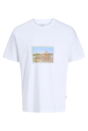 Front image of the Montauk photo ss tee in white, by brand Jack&jones