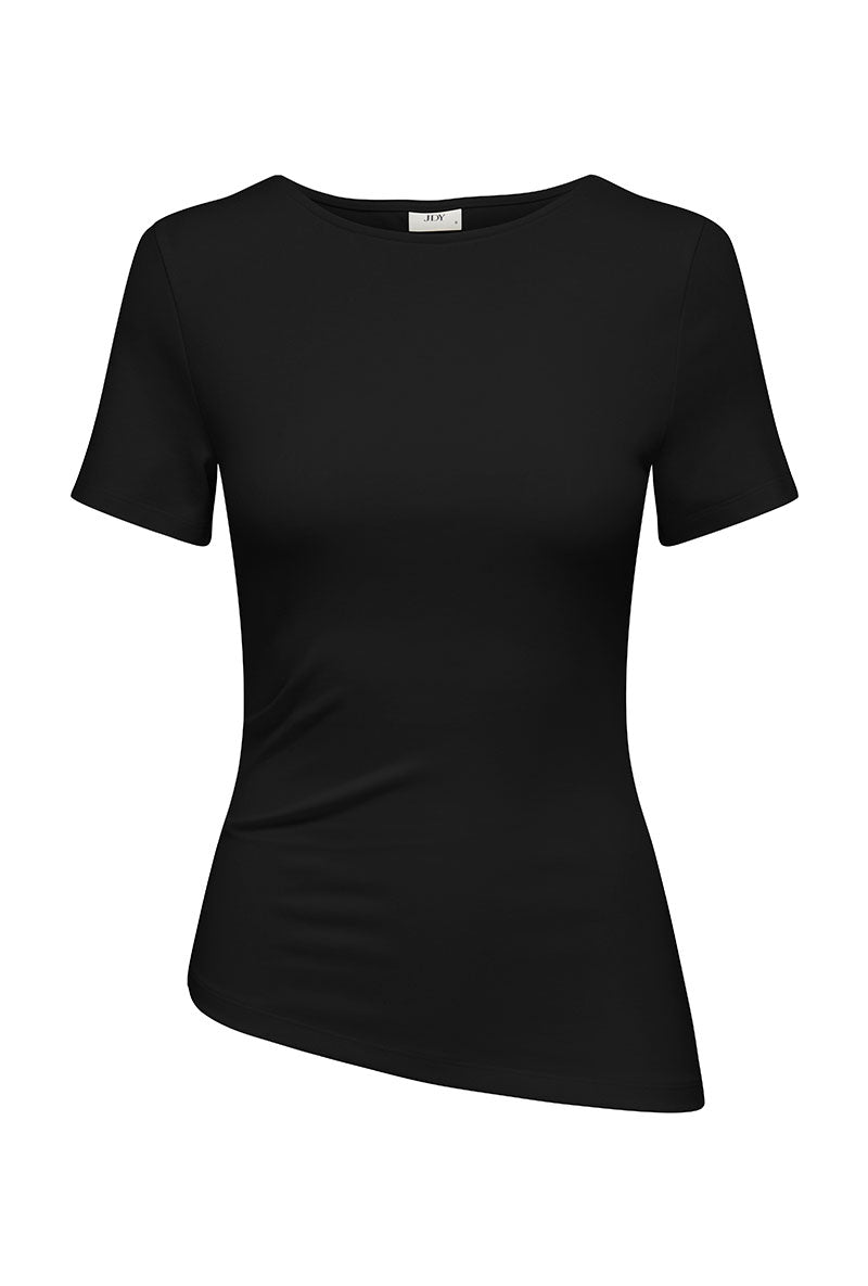 Front image of Catie s/s assymetric top in black, by brand Jacqueline de yong