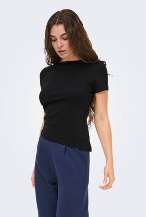 Front image of a model wearing the Catie s/s assymetric top in black, by brand Jacqueline de yong