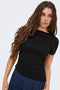 Front image of a model wearing the Catie s/s assymetric top in black, by brand Jacqueline de yong