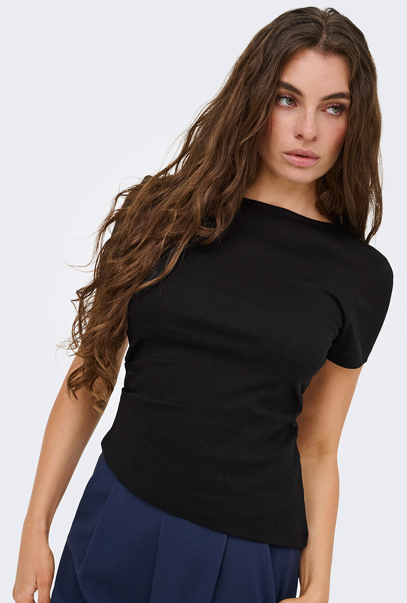 Front image of a model wearing Catie s/s assymetric top in black, by brand Jacqueline de yong