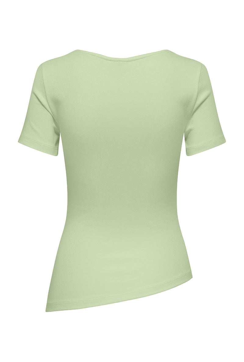 Back image of Catie s/s assymetric top in lime, by brand Jacqueline de yong