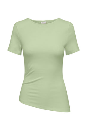 Front image of Catie s/s assymetric top in lime, by brand Jacqueline de yong