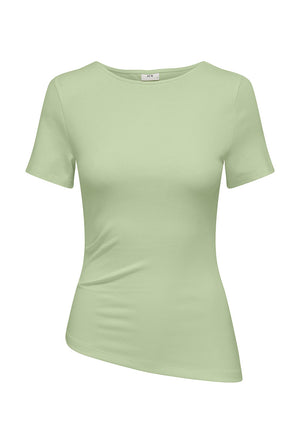 Front image of the Catie s/s assymetric top in lime, by brand Jacqueline de yong