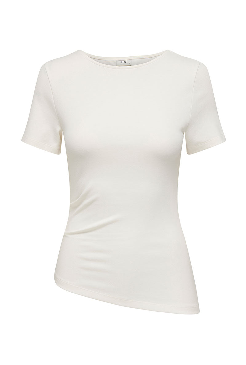 Front image of Catie s/s assymetric top in white, by brand Jacqueline de yong