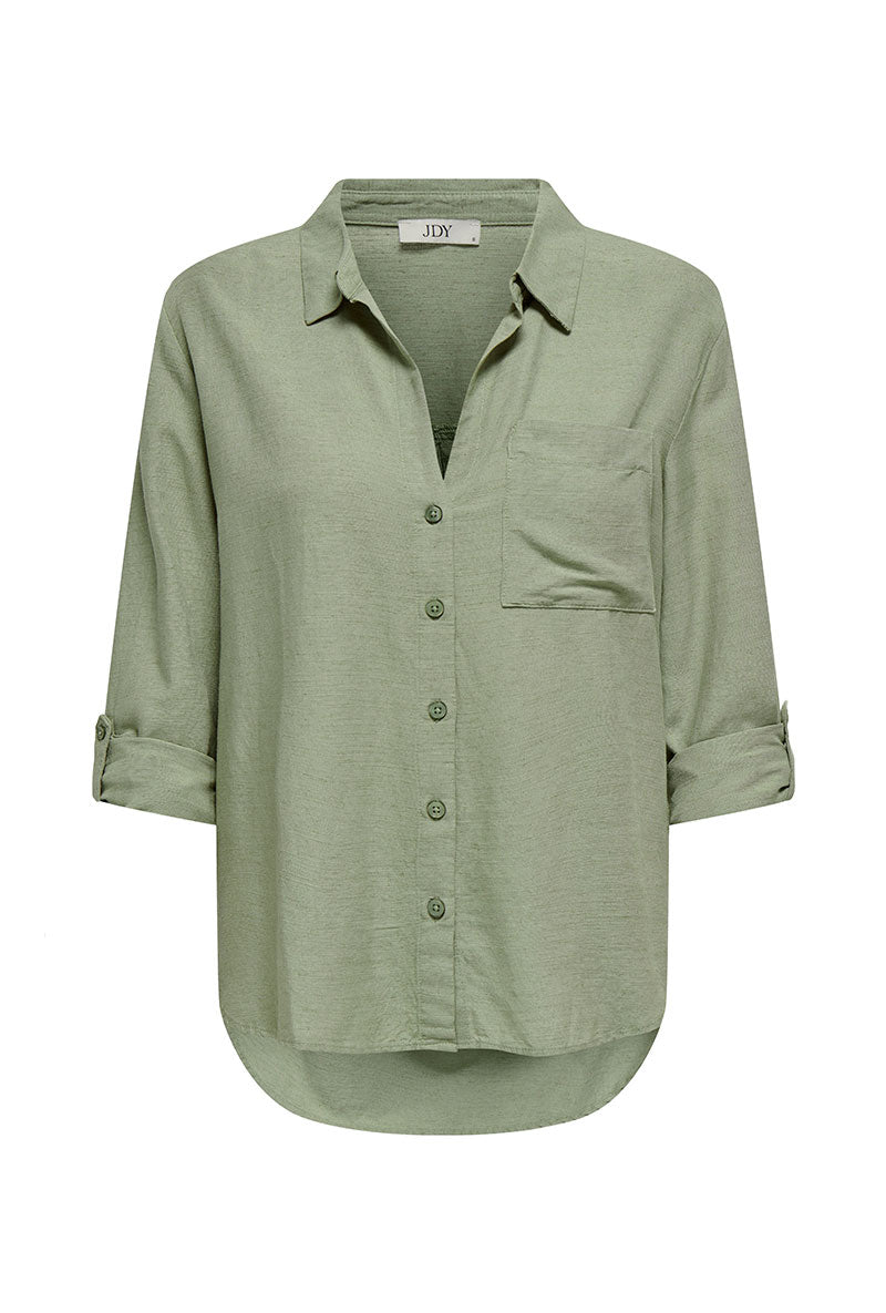 Front image of Caya linen loose l/s shirt in sage, by brand Jacqueline de yong