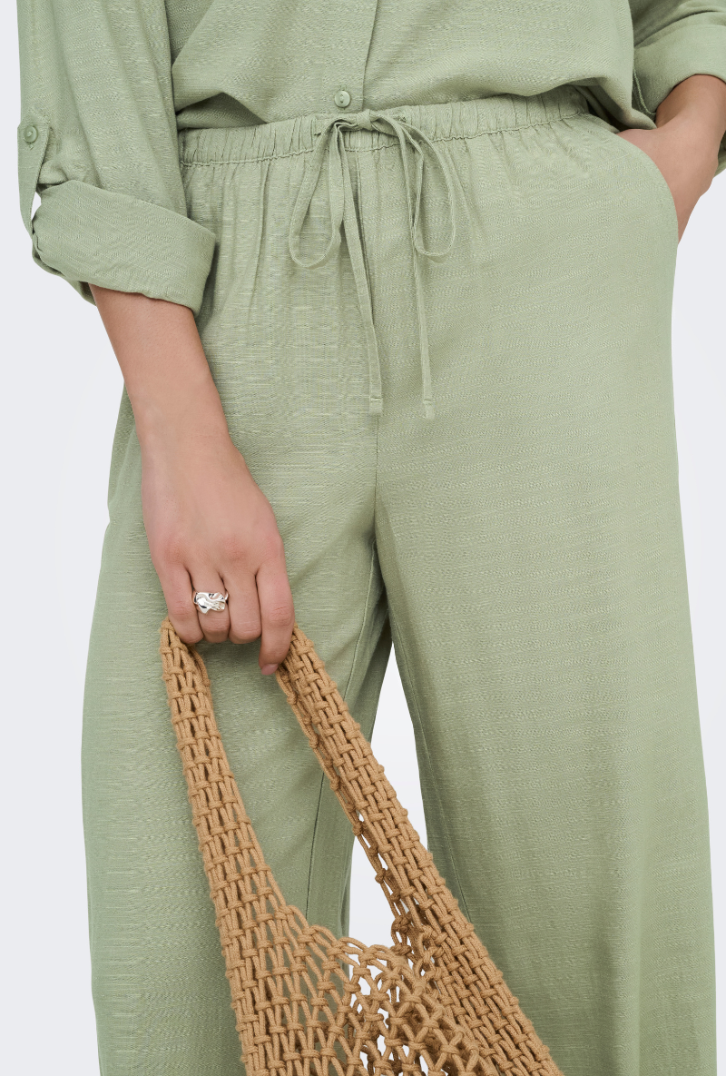 Front image of Caya linen midwaist pants in khaki, by brand Jacqueline de yong