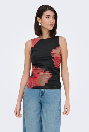 Front image of a model wearing the Lea s/l mesh rouching top in black, by brand Jacqueline de yong