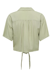 Back image of the Caya linen shortsleeve knot shirt in khaki, by brand Jacqueline de yong