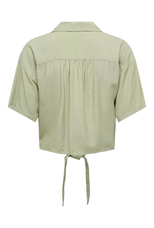 Back image of the Caya linen shortsleeve knot shirt in khaki, by brand Jacqueline de yong