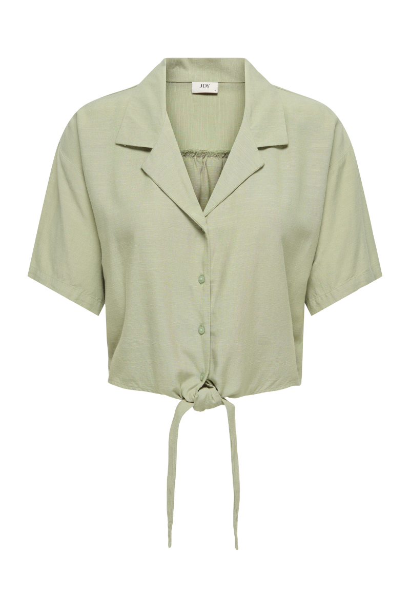 Front image of Caya linen shortsleeve knot shirt in khaki, by brand Jacqueline de yong