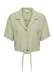 Front image of the Caya linen shortsleeve knot shirt in khaki, by brand Jacqueline de yong