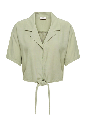 Front image of the Caya linen shortsleeve knot shirt in khaki, by brand Jacqueline de yong