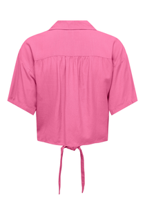 Back image of the Caya linen shortsleeve knot shirt in pink, by brand Jacqueline de yong