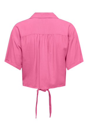 Back image of the Caya linen shortsleeve knot shirt in pink, by brand Jacqueline de yong