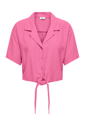 Front image of Caya linen shortsleeve knot shirt in pink, by brand Jacqueline de yong